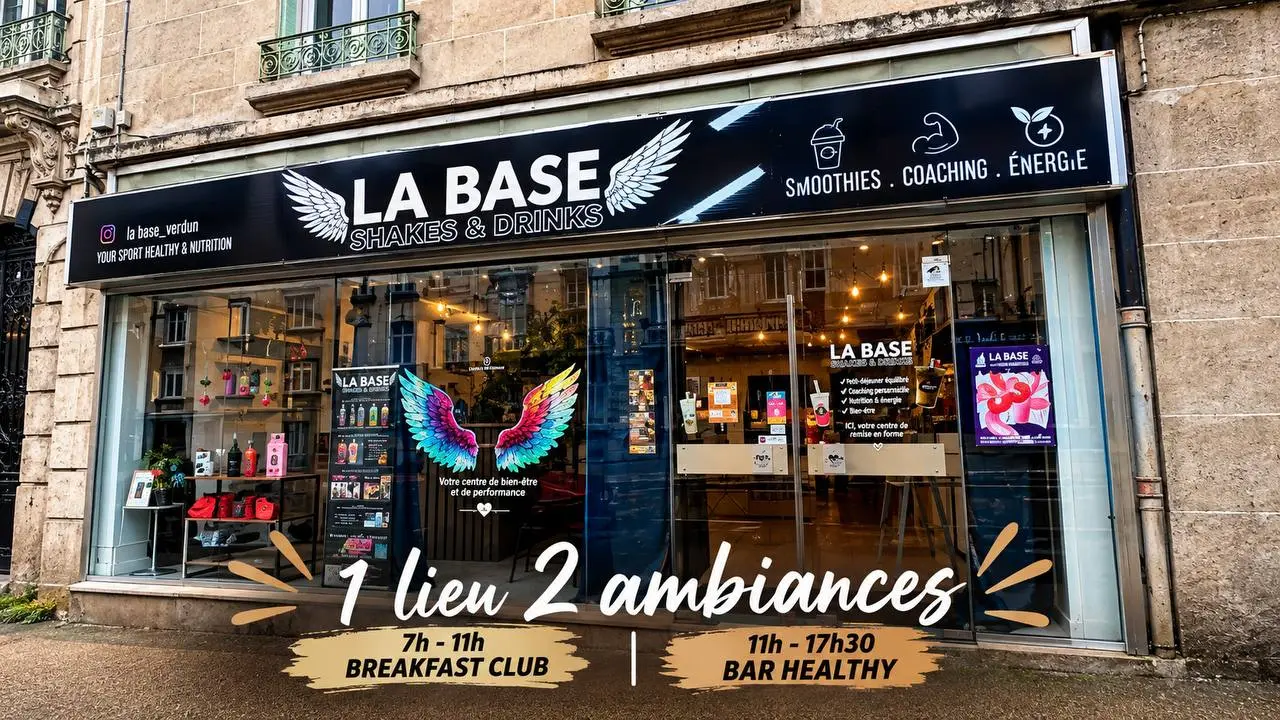 La devanture de La Base Shakes & Drinks, 11 rue Saint Pierre à Verdun : Breakfast Club de 7h à 11h, bar healthy de 11h à 17h30.