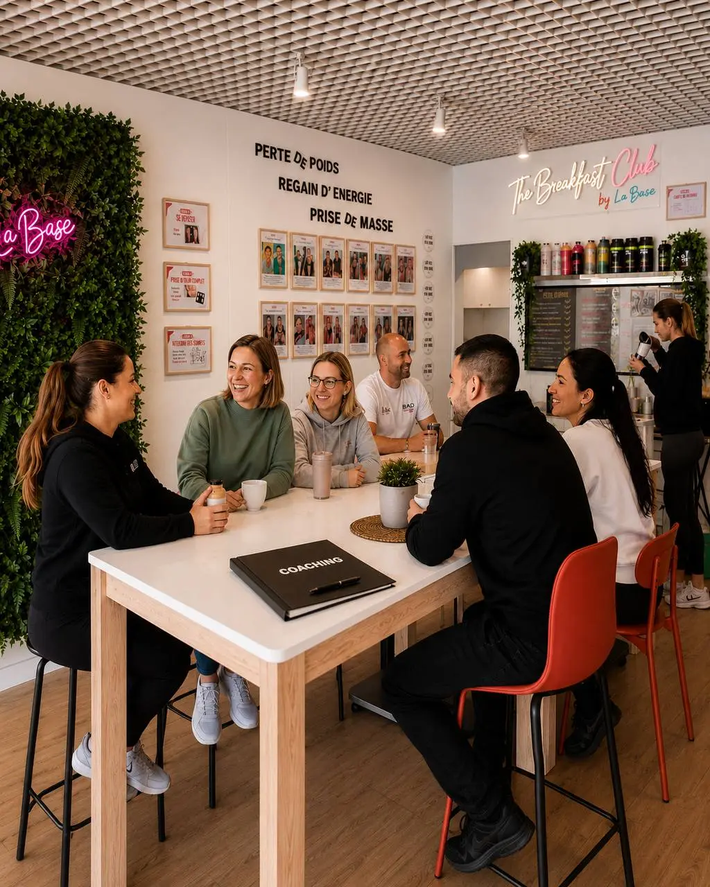 Six personnes attablées au Breakfast Club de Verdun un matin, boissons et carnet de coaching sur la table.