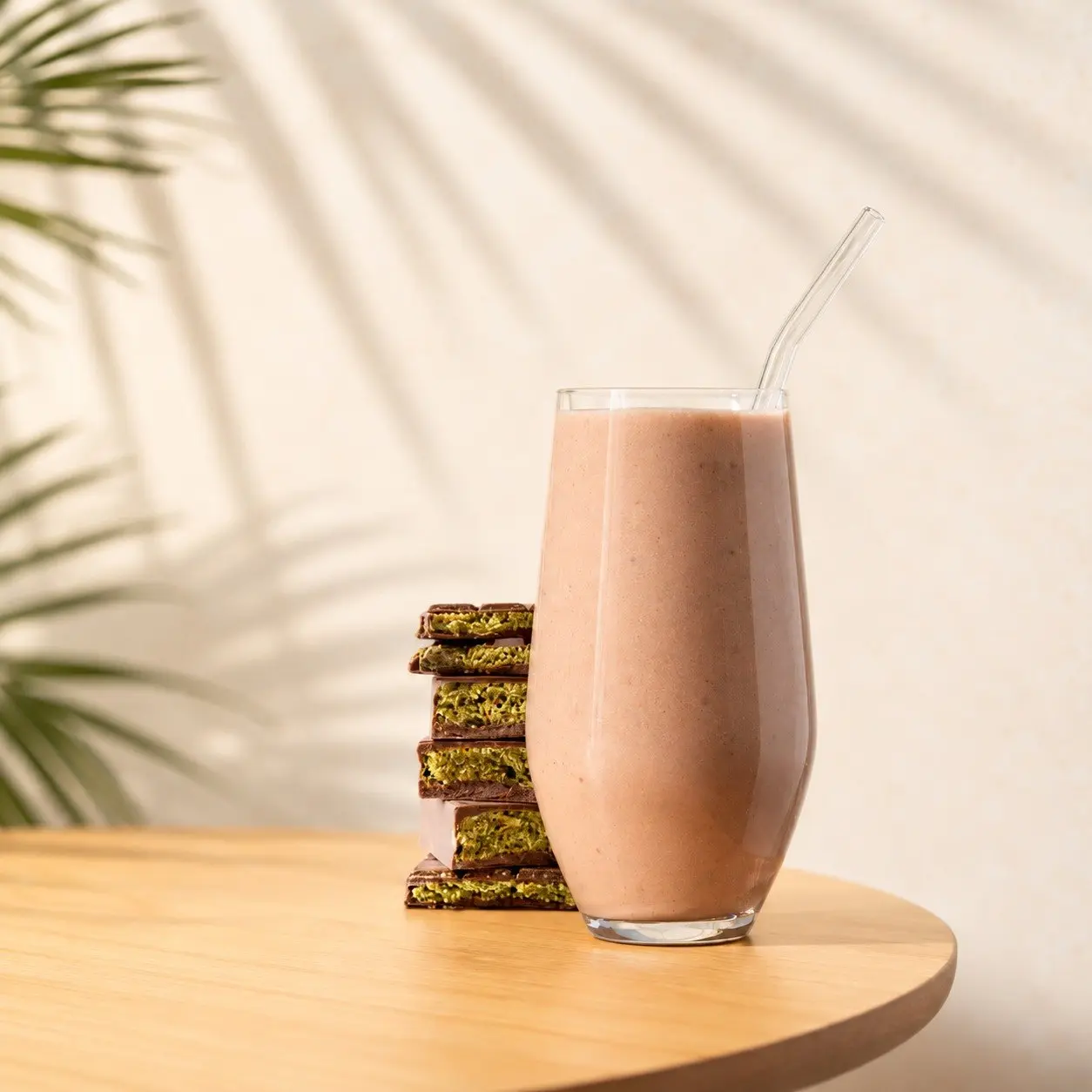 Un grand verre de smoothie crémeux avec une paille en verre, posé sur une table en bois clair.