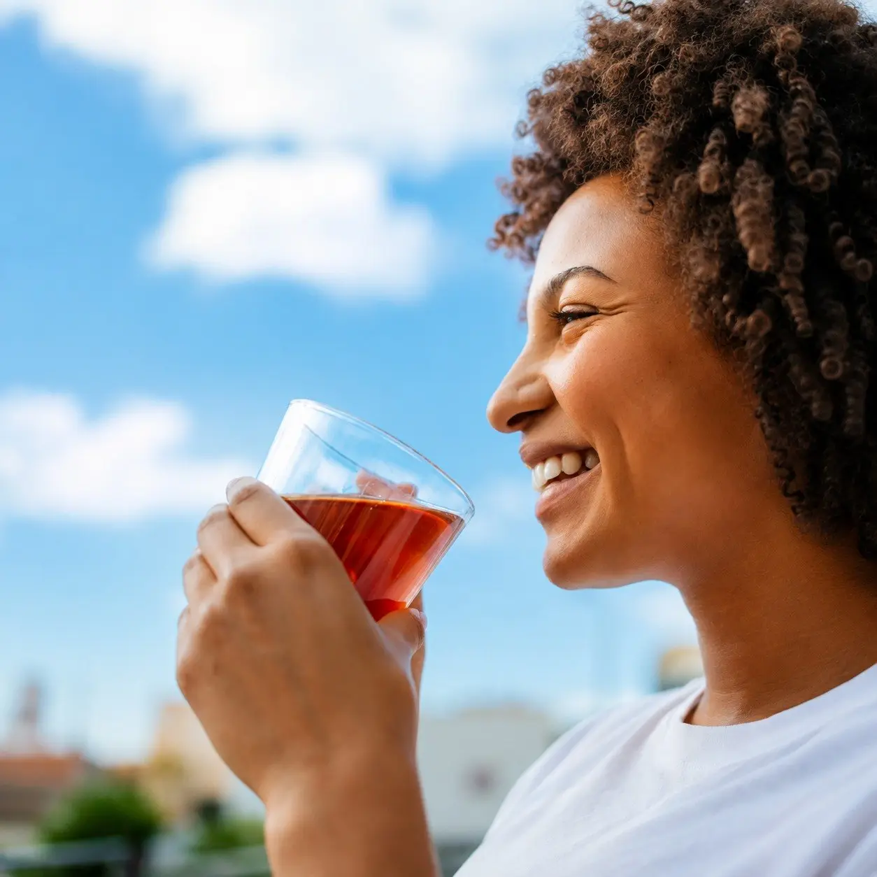 Une femme souriante porte à ses lèvres un verre de boisson thermo ambrée, dehors, ciel bleu derrière elle.